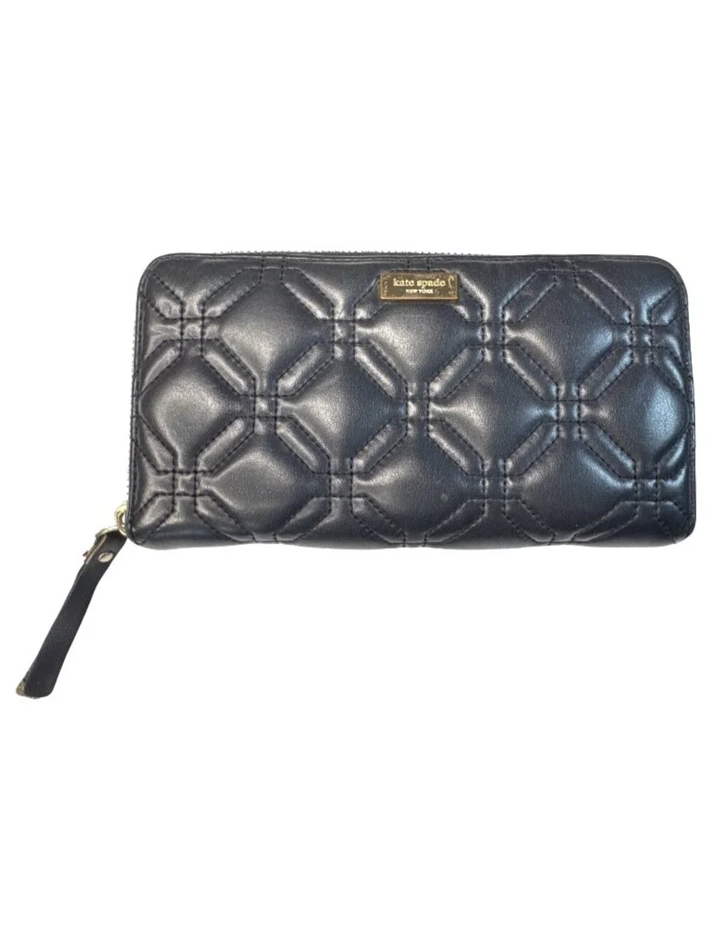 Kate Spade Black Quilted Leather Zip-Around Wallet With Polka Dot Interior